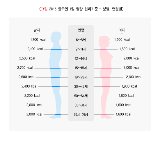 2015 한국인 1일 열량 섭취기준 - 성별, 연령별